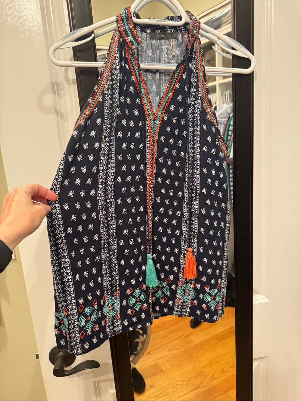 THML Navy Patterned Halter Tank with Tassels